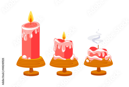 Three red candles on wooden candle holders showing different stages of burning