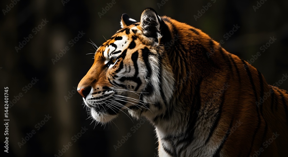 Fototapeta premium Tiger Profile Portrait in Sunlight with Detailed Fur and Striking Stripes