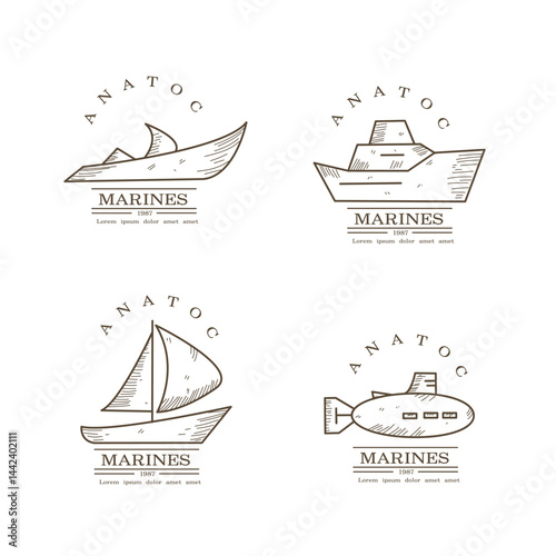 Minimal vintage boat and ship sketches in outlined marine badge style
