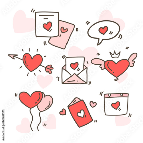 Cute love letters, flying hearts and balloons with pink-themed romantic icons