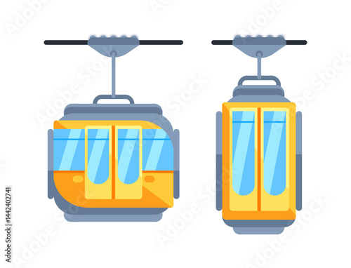 Two yellow cable cars hanging from a cable, transporting passengers up a mountain