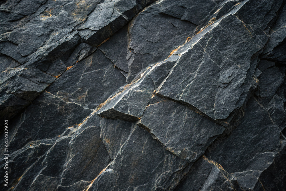 Volumetric black stone background. 3D effect. Rock texture. Granite mountain texture. Close-up.
