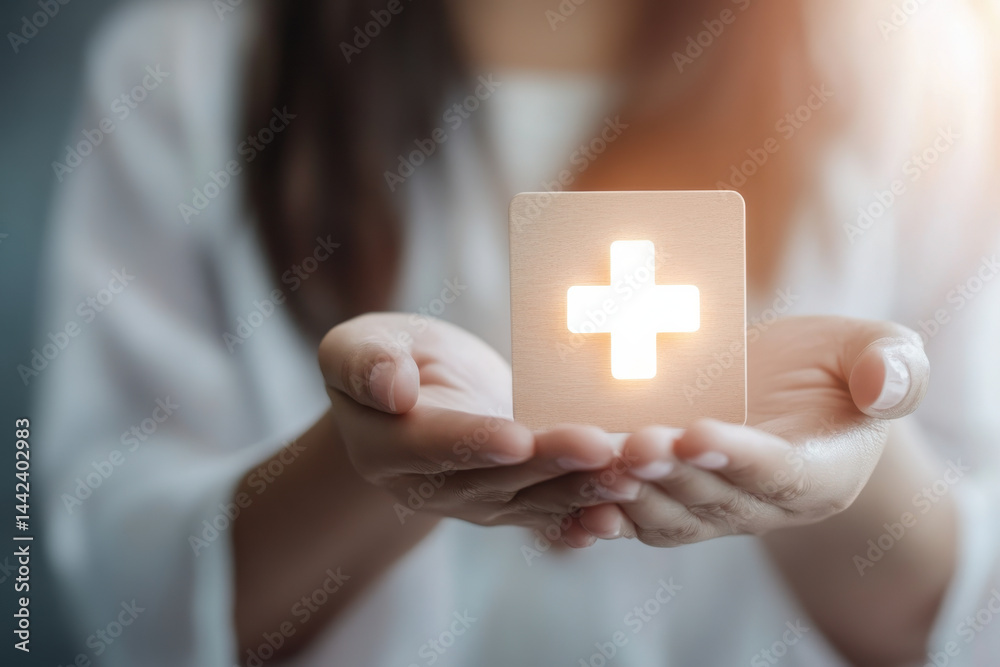 Doctor holding glowing plus sign in open hands, healthcare and medical concept