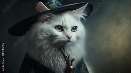 Majestic white cat wearing wizard hat and robe, portrait footage. Animation representing fantasy character, pet magic, and mystical animal companion. Scene of enchanting familiar.