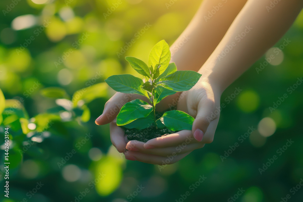 Farmer holding small sprout growing in soil with sunlight in background