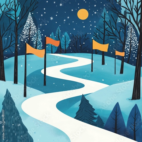 Serene nighttime winter landscape with snowy path and trees under starry sky