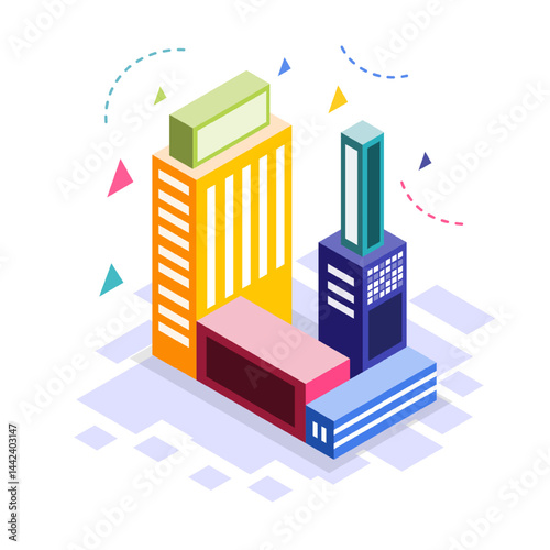Modern isometric high-rise city layout with yellow pink and teal color scheme