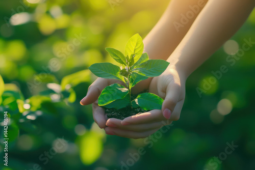 Obraz na płótnie Farmer holding small sprout growing in soil with sunlight in background w salonie