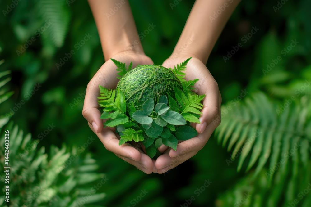 Hands holding green globe covered with plants promoting environmental awareness
