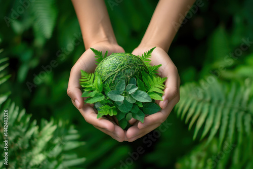 Obraz na płótnie Hands holding green globe covered with plants promoting environmental awareness w salonie