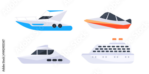 Set of different seagoing vessels sailing on white background