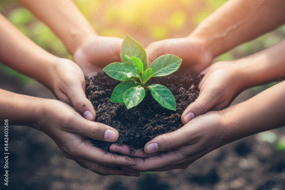 Farmers holding seedling growing from fertile soil in farm for agriculture and saving the world