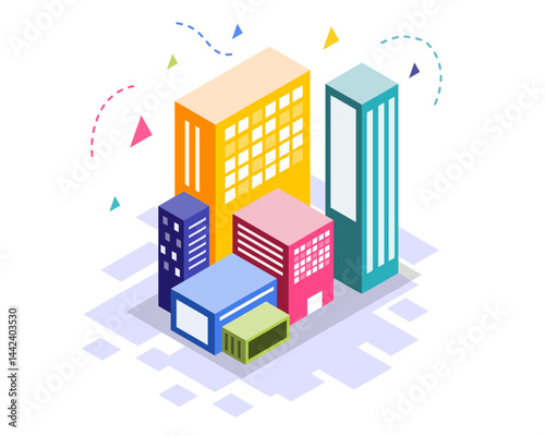 Modern isometric skyscrapers in pink yellow blue colors with street-like tiles