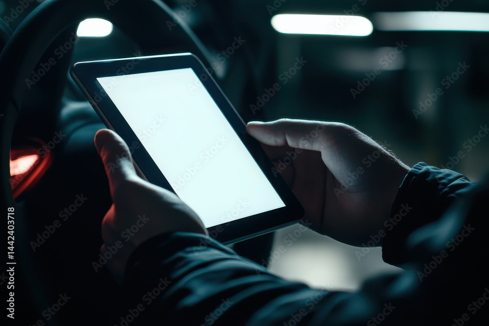 Professional driver using tablet with blank screen in car at night