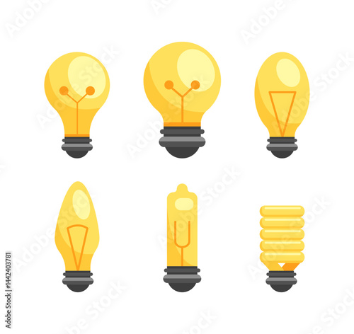 Six different light bulbs shining, representing ideas and innovation