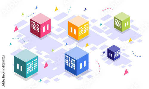 Colorful isometric city illustration with floating cubes and white background