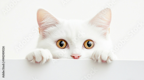 Cute white cat peeking out of its face. Generative ai design.