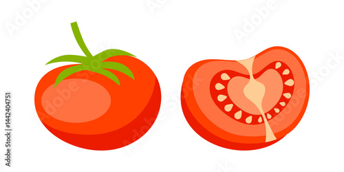 Fresh red tomato and a half of tomato showing seeds and pulp