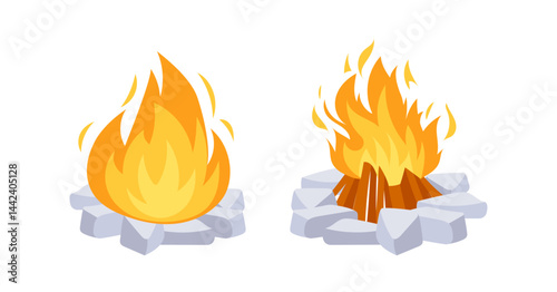 Bonfire burning with flames and firewood surrounded by stones