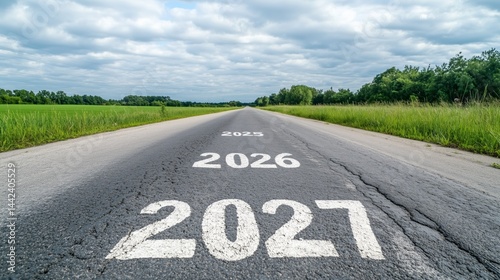 Open road and future years: 2025, 2026, 2027 on a countryside highway