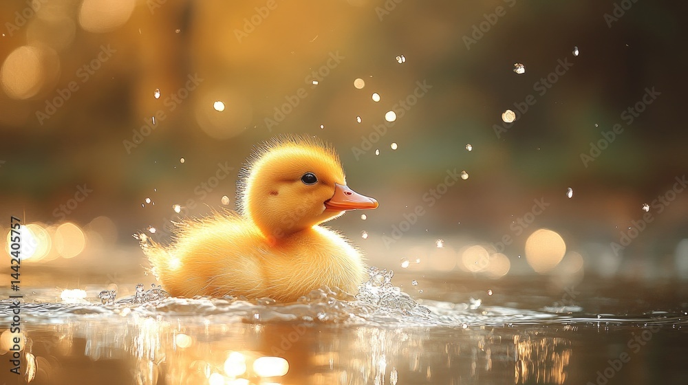 A charming baby duckling joyfully swims in a glittering pond, surrounded by golden sunlight and sparkling droplets. A charming baby duckling joyfully swims in a glittering pond, surrounded by golden sunlight and sparkling droplets.
