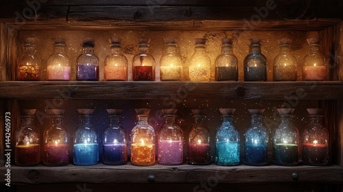 A mystical collection of magical potion bottles glowing on wooden shelves in a dimly lit room, creating an enchanting atmosphere.