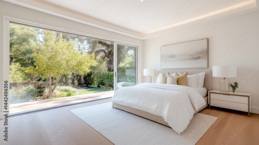 Fototapeta premium Modern, bright bedroom with expansive patio views