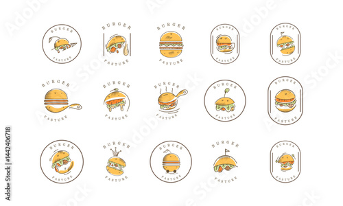Repeating burger logo pattern with icons and circular vintage badges