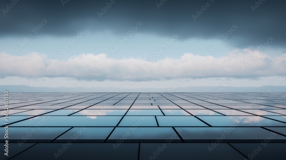 A panoramic view of a cityscape with a large glass building in the foreground and a cloudy sky in the background.