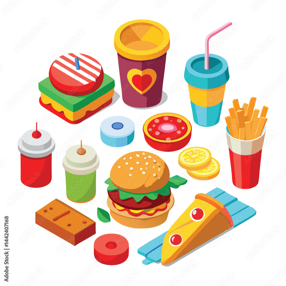 Fototapeta premium Colorful Isometric Fast Food Illustration