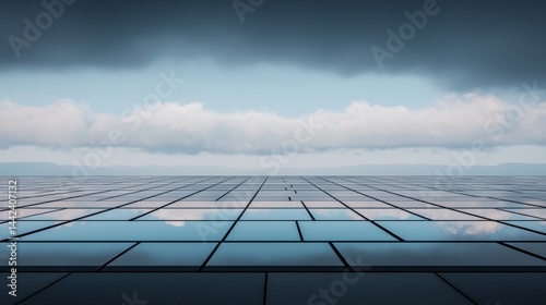 Obraz na płótnie A panoramic view of a cityscape with a large glass building in the foreground and a cloudy sky in the background. w salonie