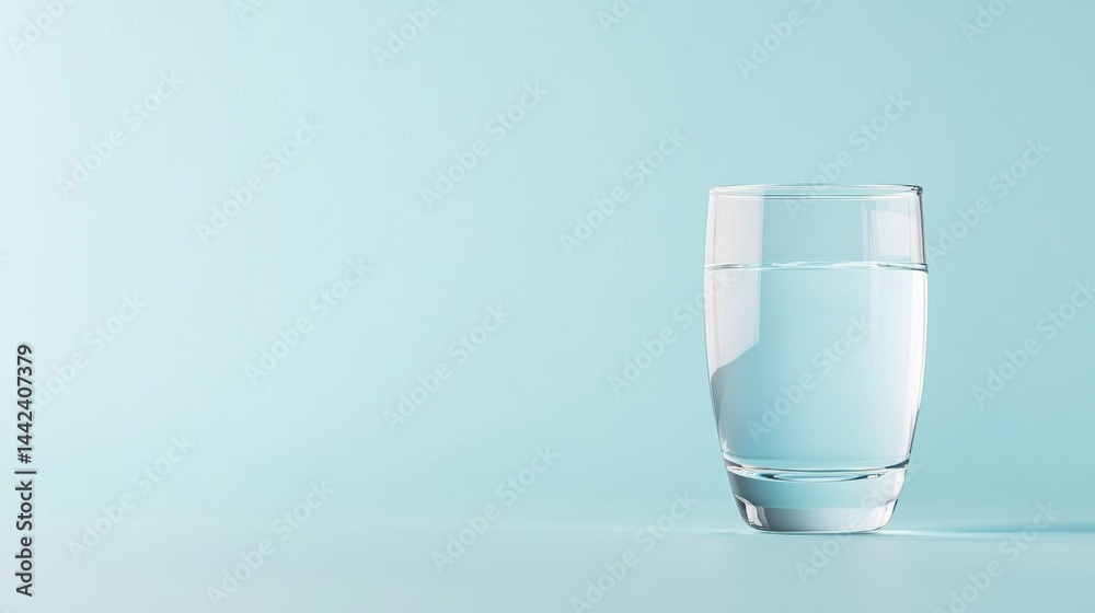 A glass of water on a light blue background.