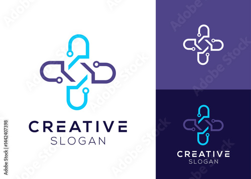 Capsule forming a cross with technology elements logo design for medicine and technology