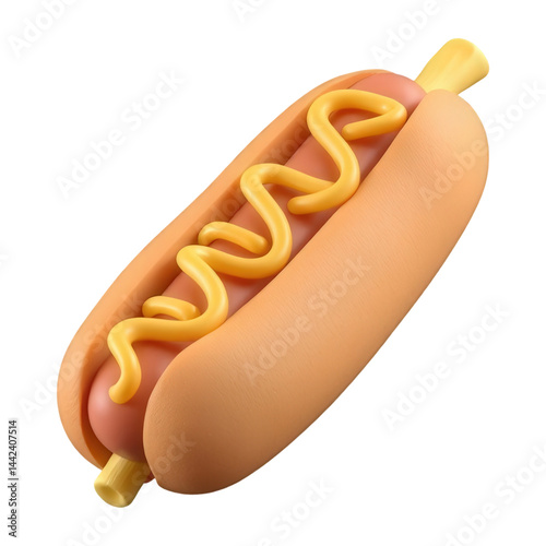 A vector illustration shows an isolated hot dog, a fast food meal with a sausage in a bun, topped with yellow mustard