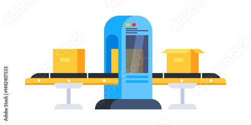 Conveyor belt transporting cardboard boxes through a scanner in a warehouse