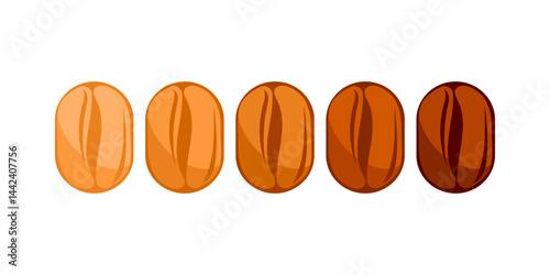 Five coffee beans showing different roasting levels from light to dark