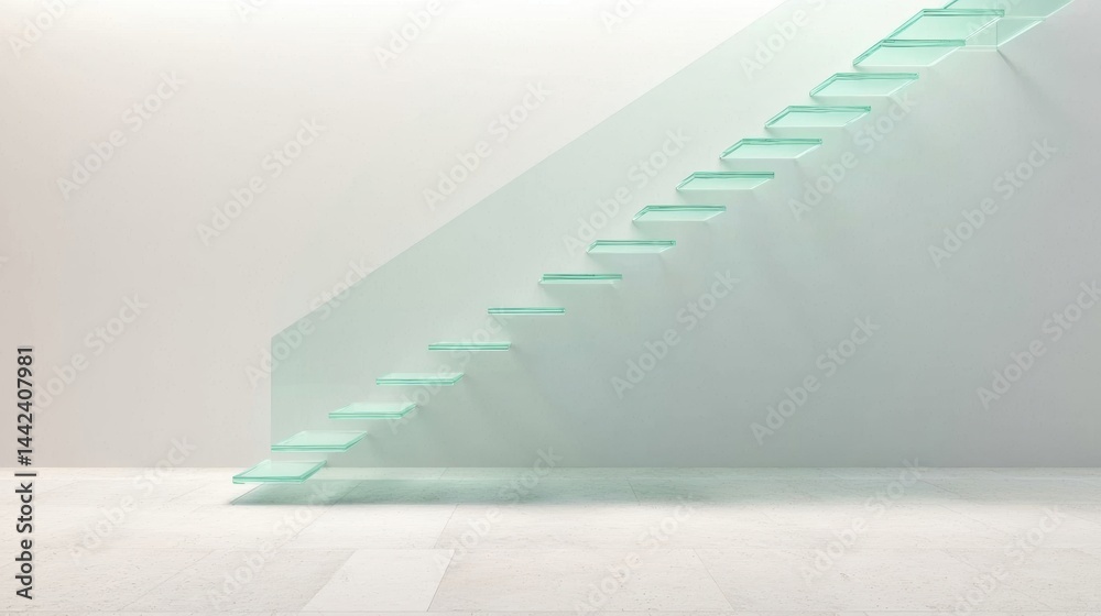 A staircase made of glass, leading to a bright white wall.
