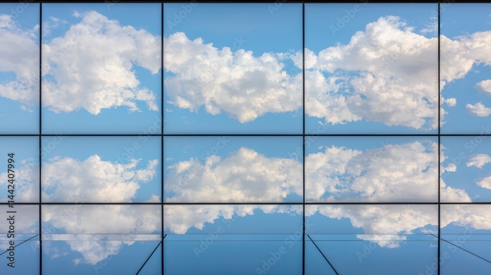 A blue sky with fluffy white clouds reflected in a grid of glass panels.