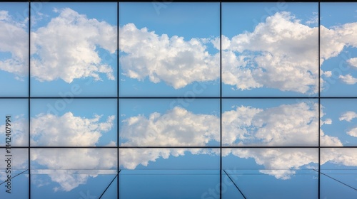 Obraz na płótnie A blue sky with fluffy white clouds reflected in a grid of glass panels. w salonie