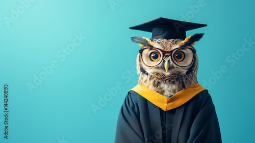 Owl professor in graduation cap and gown wearing glasses with serious look isolated on blue background with copy space
