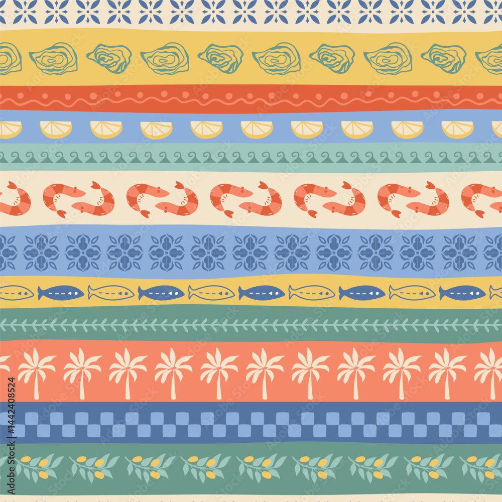 Colorful summer beach striped seamless pattern. Tropical vacation print. Cute shrimps, sardine, palm tree, Mediterranean ornament. Vector Italian mood wallpaper, background, textile design, wrap paper