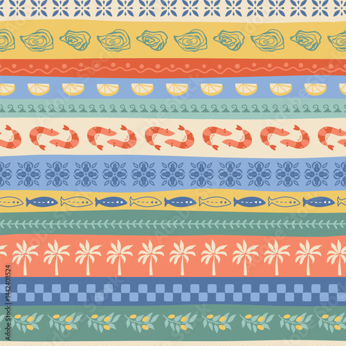Obraz na płótnie Colorful summer beach striped seamless pattern. Tropical vacation print. Cute shrimps, sardine, palm tree, Mediterranean ornament. Vector Italian mood wallpaper, background, textile design, wrap paper w salonie
