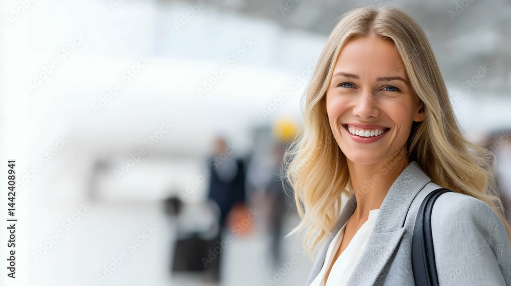 Confident blonde woman smiling, Professional traveler at terminal, Concept for success, corporate branding or business journey