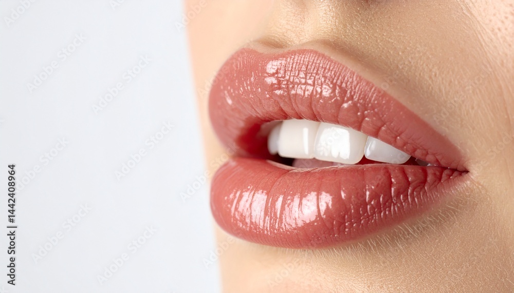 Obraz premium Close-up of a woman's luscious lips with glossy, nude-pink lipstick. The lips are full and hydrated, with a subtle shine. The focus is on the texture and color of the lipstick.