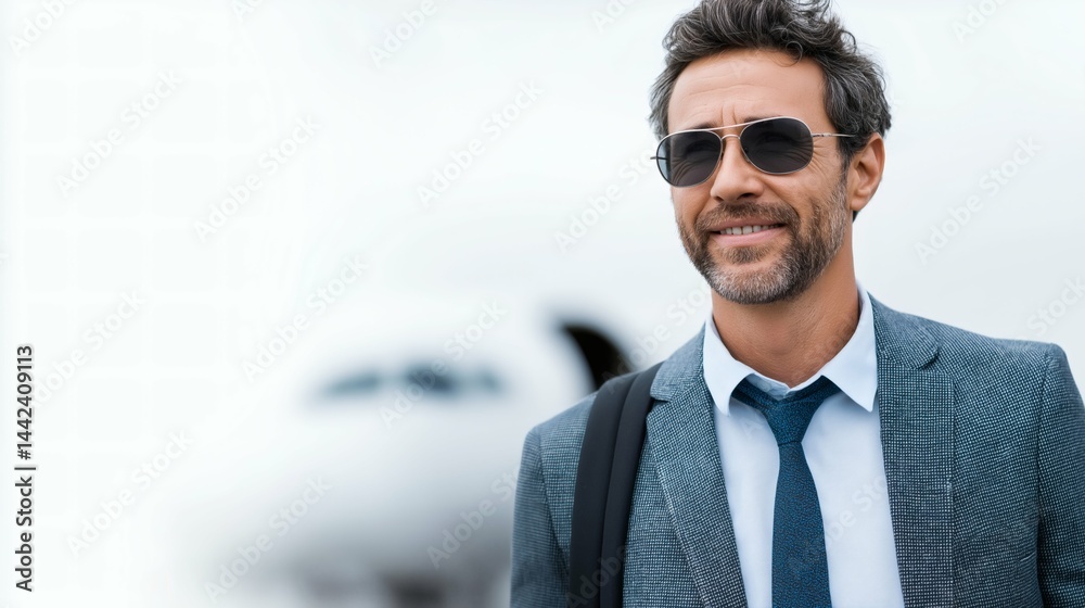 Confident man with sunglasses near airplane, Business traveler ready for departure, Concept for corporate travel or modern mobility themes