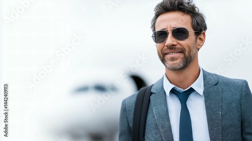 Obraz na płótnie Confident man with sunglasses near airplane, Business traveler ready for departure, Concept for corporate travel or modern mobility themes w salonie