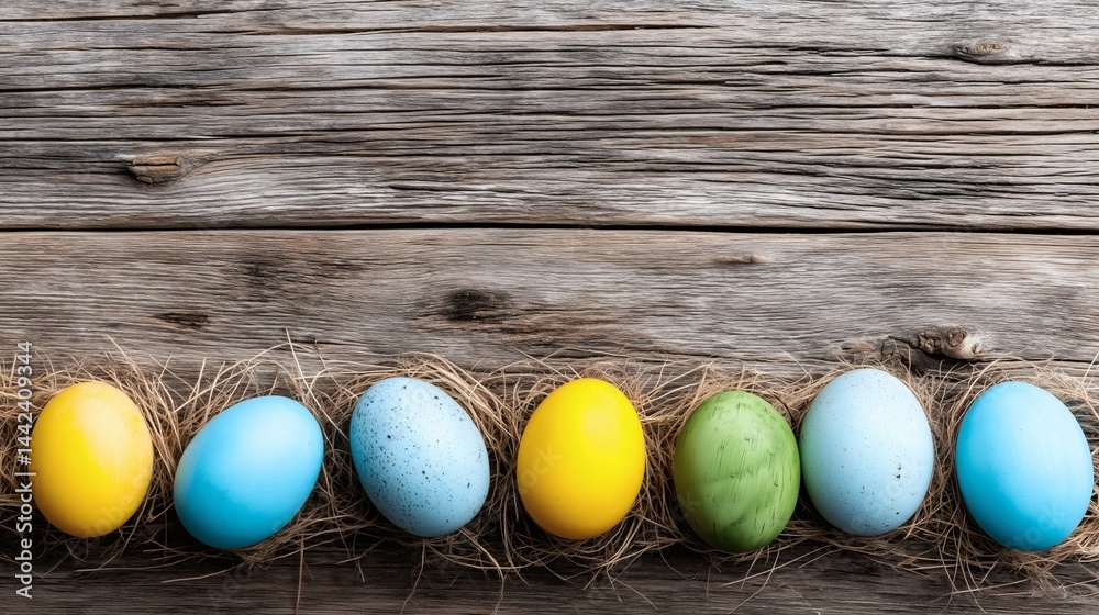 Easter eggs in straw nests on wood, Colorful eggs on rustic surface, Spring celebration flat lay background concept