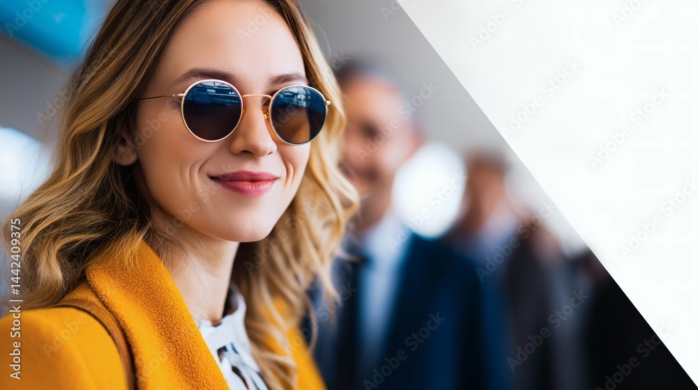 Fashionable woman in sunglasses smiling, Stylish traveler in bright outfit, Concept for lifestyle, travel or modern business branding