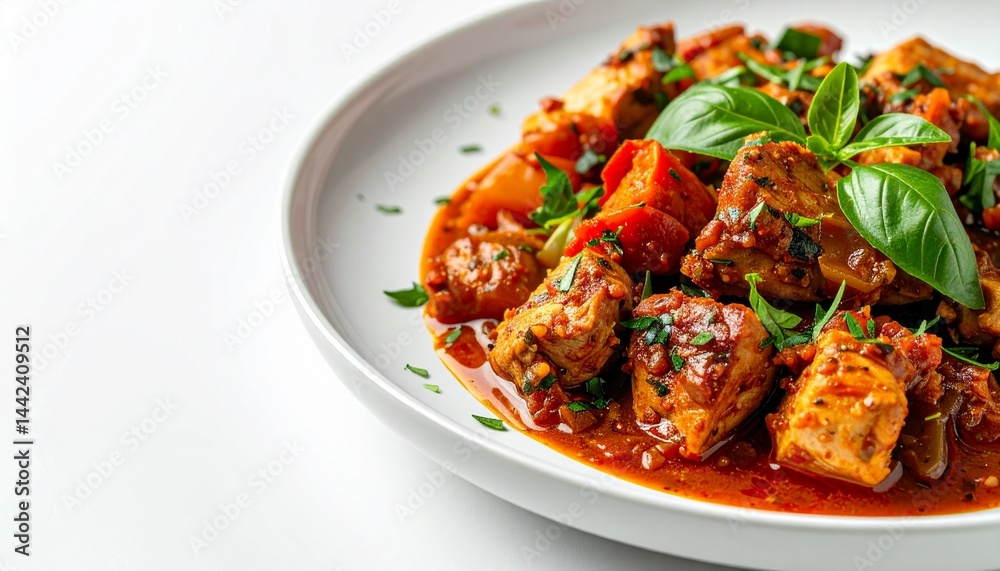 Close-up shot of delicious chicken stew served on a white plate, garnished with fresh basil. The chicken is cooked in a rich tomato sauce and vegetables, creating a colorful and appetizing dish Close-up shot of delicious chicken stew served on a white plate, garnished with fresh basil. The chicken is cooked in a rich tomato sauce and vegetables, creating a colorful and appetizing dish