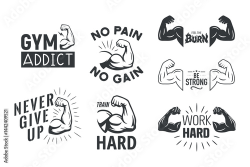 Vector Monochrome Fitness Motivation Emblem Set With Flexing Biceps, Gym Quotes. Workout Labels, Bodybuilding Icons, Sport Typography Design for T-Shirts, Posters, Stickers, Gym Badges and Logos